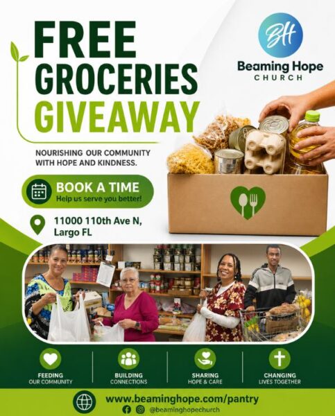 Free groceries giveaway flyer with smiling recipients